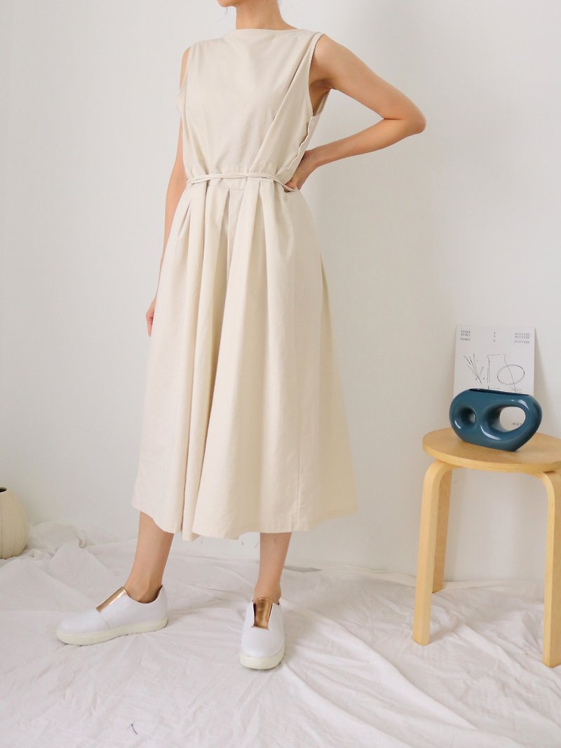 Artist Dress - Beige Linen Bandage Waist Sleeveless Dress - One Piece Dresses - Cotton & Hemp 