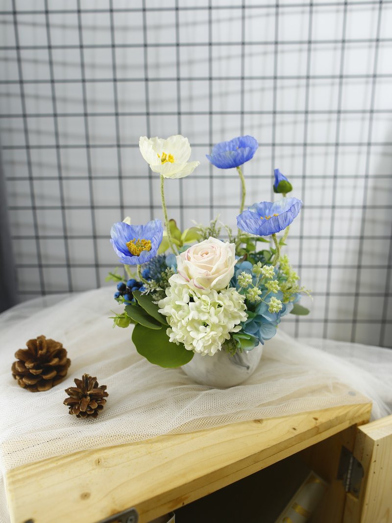 藍白虞美人香氛花藝/擬真花/禮物/桌花/永不凋零/人造花 - 盆栽/植栽 - 其他材質 