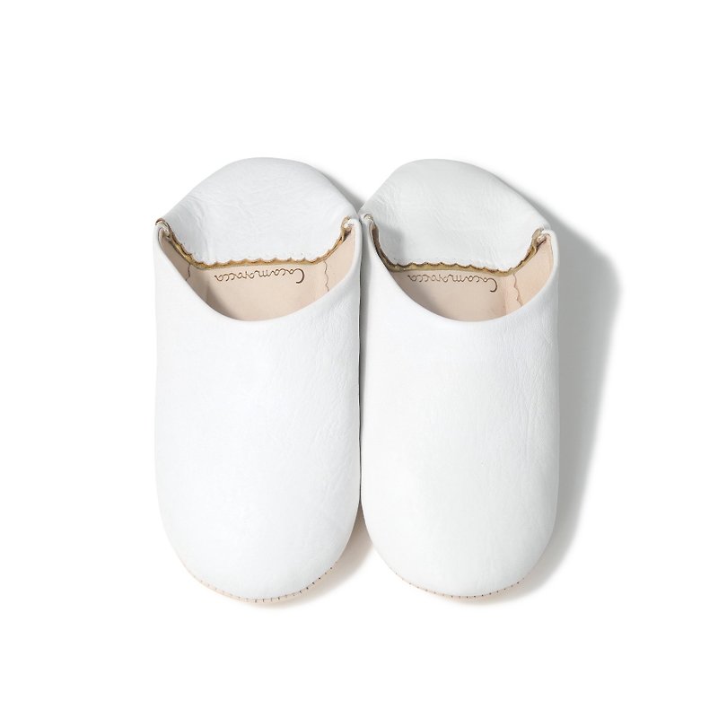 高品質 ホワイト /  モロッコ 無臭 プレーン レザー バブーシュ スリッパ ハンドメイド - 室內拖鞋 - 真皮 白色