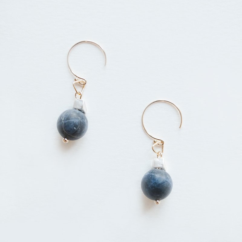 TeaTime / Dark Gray Marble Pattern + Yegui Earrings Earhook / Original Pure Handmade Deep Gray Import Material Earrings Earrings - ต่างหู - หิน 