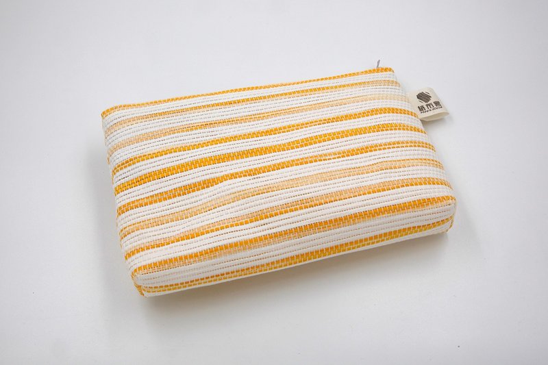 [Paper cloth home] Paper thread woven cosmetic bag yellow and white stripes - กระเป๋าเครื่องสำอาง - กระดาษ สีเหลือง