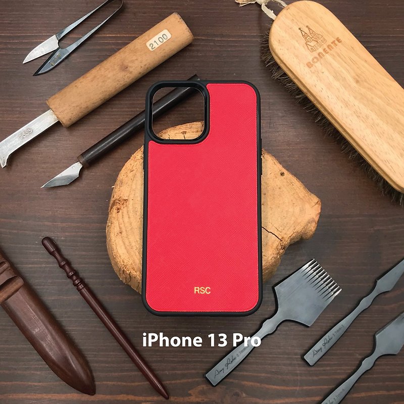 【iPhone手機殼】紅色十字紋牛皮/防摔全包覆/多款蘋果型號