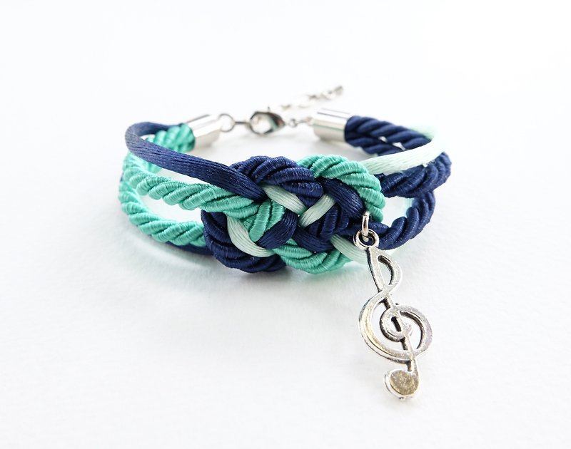 Mint/Navy blue nautical bracelet with silver music note charm - 手鍊/手環 - 其他材質 多色
