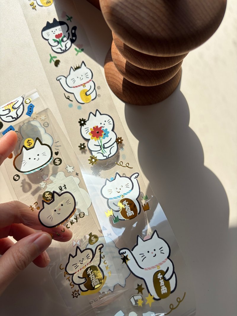 New Version Lucky Cat Hot Stamped Maneki Neko PET Tape, Transparent Glossy, 100cm Repeat, 5m Total Length - มาสกิ้งเทป - พลาสติก 