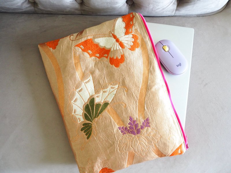Japan Handmade Kimono Obi Laptop case Retro Japanese style - Laptop Bags - Silk Gold