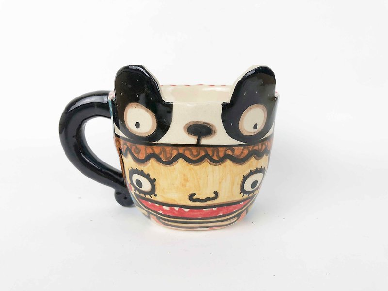 Nice Little Clay handmade ear mug girl with flower cat 0104-07 - แก้วมัค/แก้วกาแฟ - ดินเผา สีน้ำเงิน