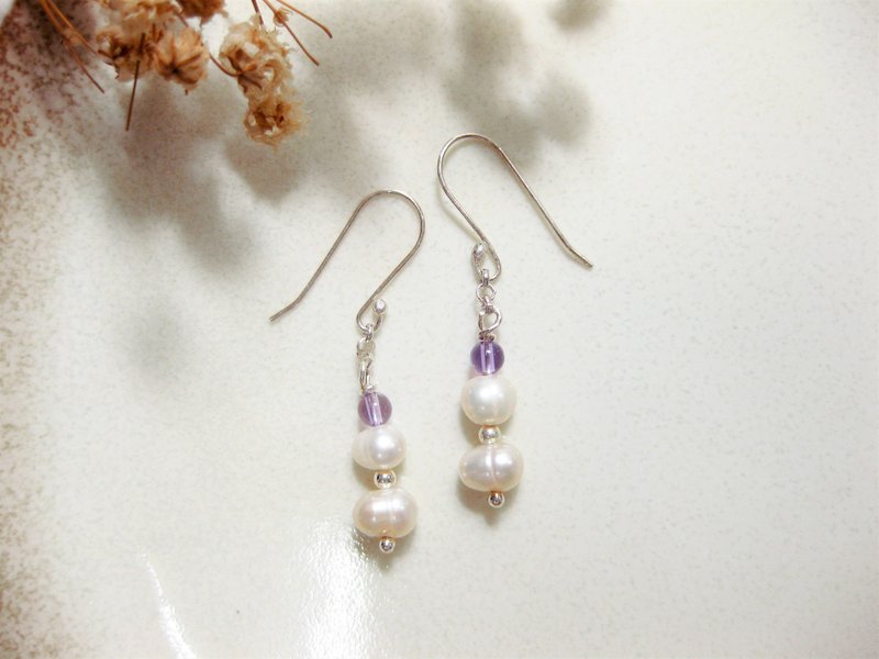 Christmas ornaments Christmas gift box | Sterling silver design earrings amethyst + pearl (ear hook) / changeable Clip-On/ - Earrings & Clip-ons - Pearl Purple