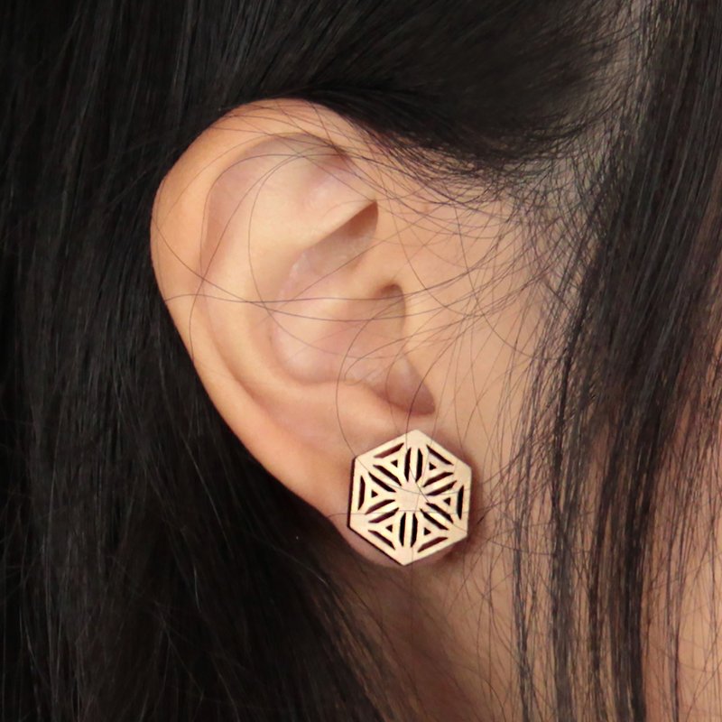 【Kikyou Asanoha】Japanese Style Kumiko Pattern Earrings - ต่างหู - ไม้ สีนำ้ตาล