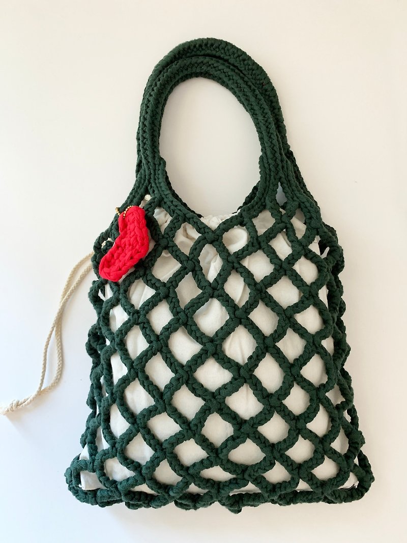 Crochet cotton yarn mesh tote bag - Handbags & Totes - Cotton & Hemp Green