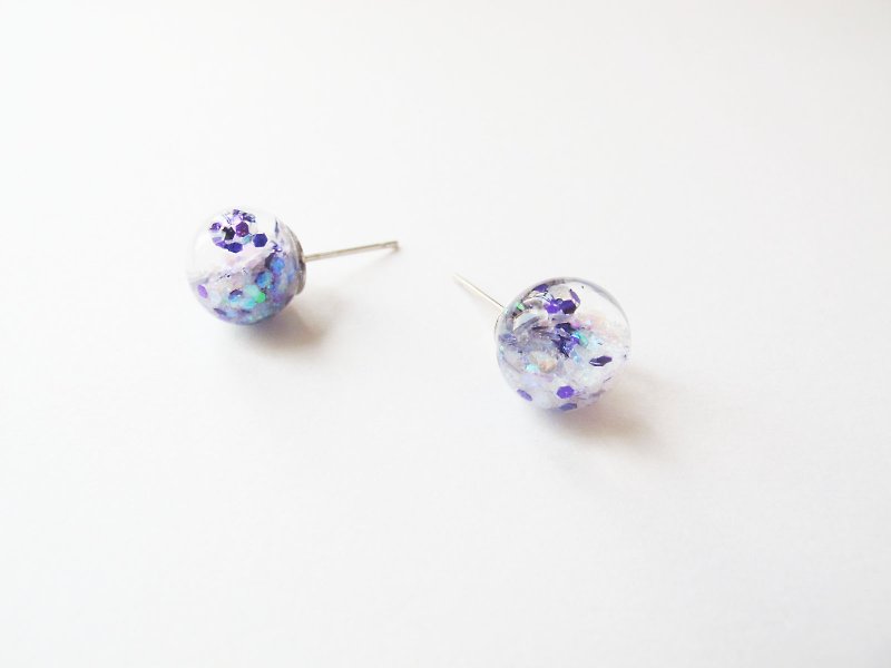 * Rosy Garden * purple and white glitter with water inside glass ball earrings - Earrings & Clip-ons - Glass Purple