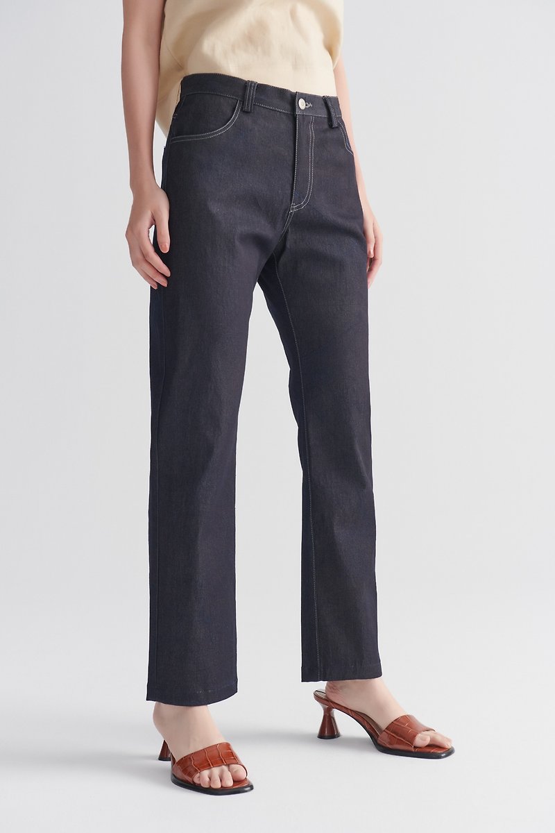 Shan Yong blue-black high-waist slim-fit small straight cropped trousers