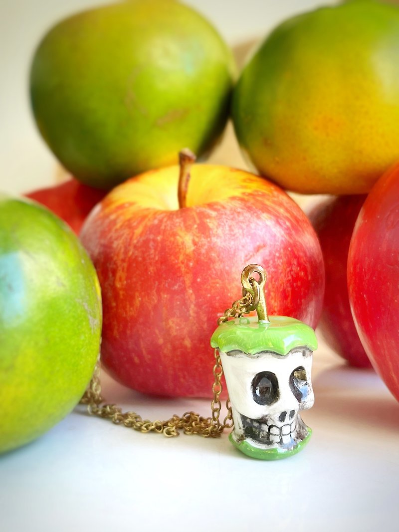 Green Apple Skull Hand Painted Enamel Necklace. - Necklaces - Other Metals 