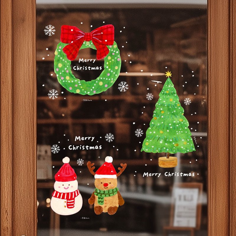 Christmas snowman window sticker gingerbread man Christmas tree wreath rattan window decoration glass static sticker - Wall Décor - Plastic Multicolor