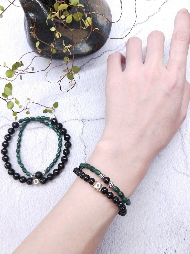 wristband. Malachite Black Coral 925 Sterling Silver Double Circle Bracelet [2 in preferential group] Valentine's Day / Christmas - Bracelets - Gemstone Green