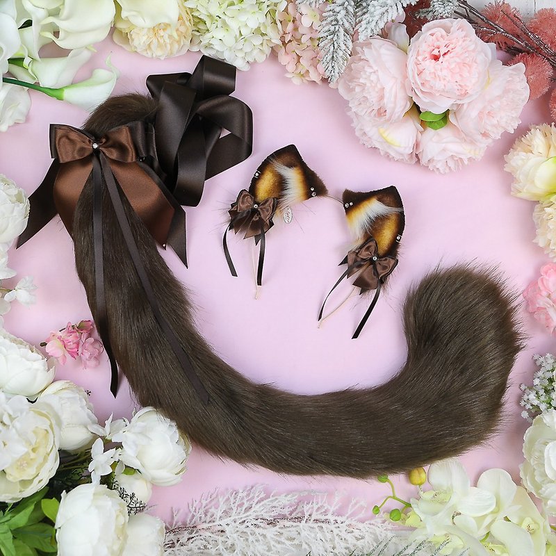Brown Kitten Ears and Tail Set Faux Fur Ears and Tail Set - 髮夾/髮飾 - 其他人造纖維 咖啡色