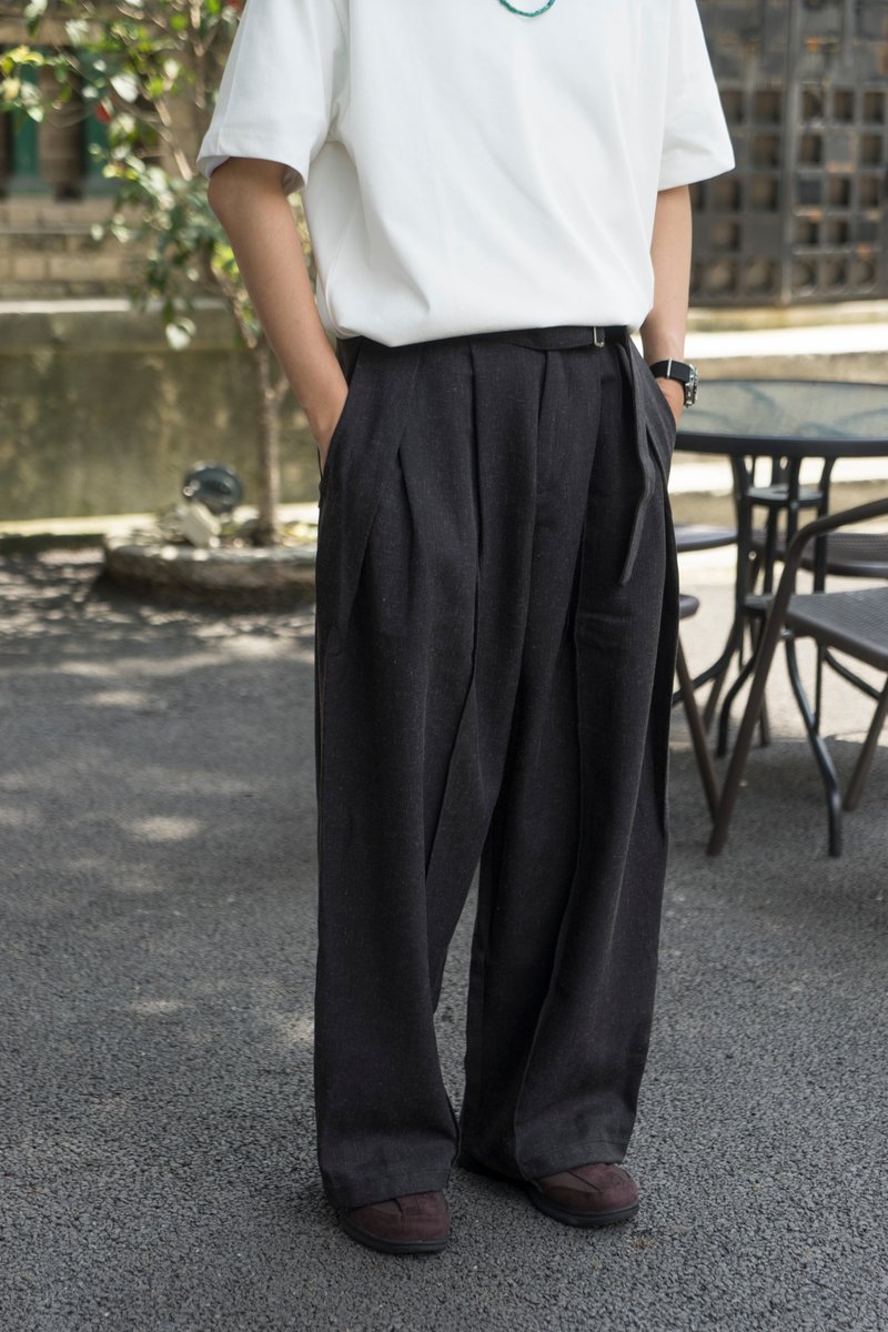Pants 雙褶混紡面料闊腿直筒西褲 劍道褲日系復古松緊腰圍厚款 - 男長褲/休閒褲 - 棉．麻 