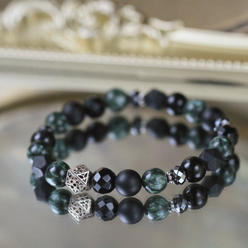 Green dragon crystal obsidian black agate. dragon chant. Sterling Silver Men's Crystal Bracelet to Avoid Evil and Lucky 8mm - สร้อยข้อมือ - คริสตัล สีเขียว