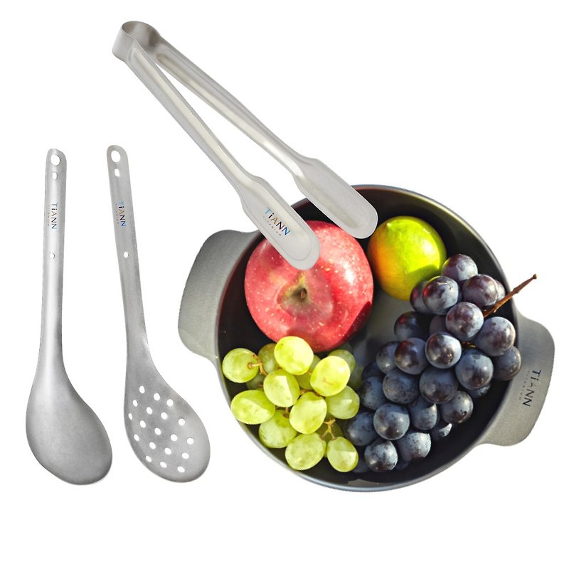 [Value Tableware Set] Pure titanium apple bowl + soup spoon + colander + titanium clip (never moldy/uncoated) - ช้อนส้อม - โลหะ สีเงิน
