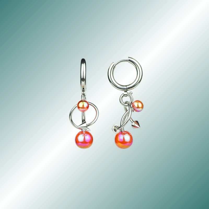 PIERCING Piercing Series Laser Light Red Round Bead Pendant Earrings - Earrings & Clip-ons - Stainless Steel Red