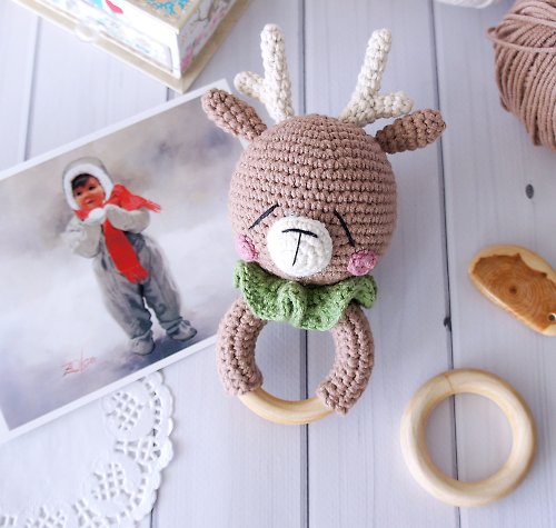 CozyToysByOreshek Deer Eco Rattle Toy, Kids First toy, Baby rattle toy, Christening Gift