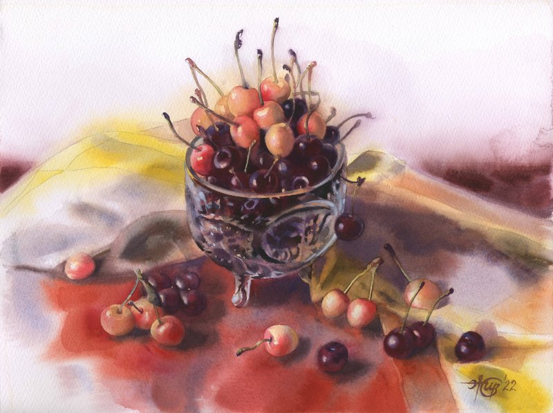 Still life with cherries original watercolor painting by artist Irina Zhunaeva - 壁貼/牆壁裝飾 - 紙 多色