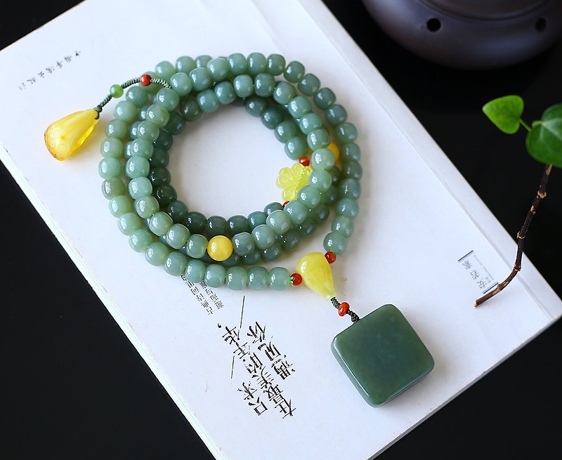 Natural Hetian Jade and Blue Old Bead Large Granules 8×7MM108 Buddha Beads Bracelet Necklace Dual Use - Bracelets - Jade 