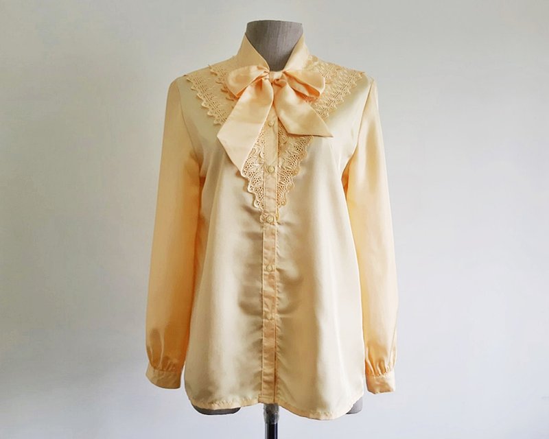 XS Vintage Yellow Orange Bow Tie Ruffle Blouse Womens Embroidered Top - 女上衣/長袖上衣 - 聚酯纖維 橘色