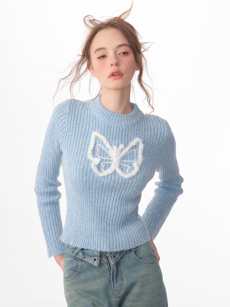 ziziFei autumn and winter American retro butterfly embroidered long-sleeved tops slimming slim sweater knitted bottoming shirt for women - สเวตเตอร์ผู้หญิง - วัสดุอื่นๆ 