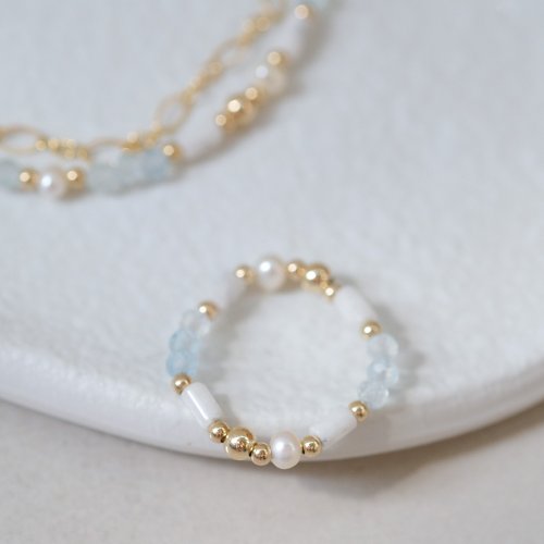Beau Jewelry 微醺氣泡 海藍寶 白紋石彈性戒 簡約款 尾戒 女生禮物 14K 包金