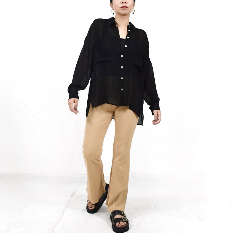 CARMEN SHIRT 黑色小透視 隨性寬鬆襯衫 - 女上衣/長袖上衣 - 絲．絹 黑色