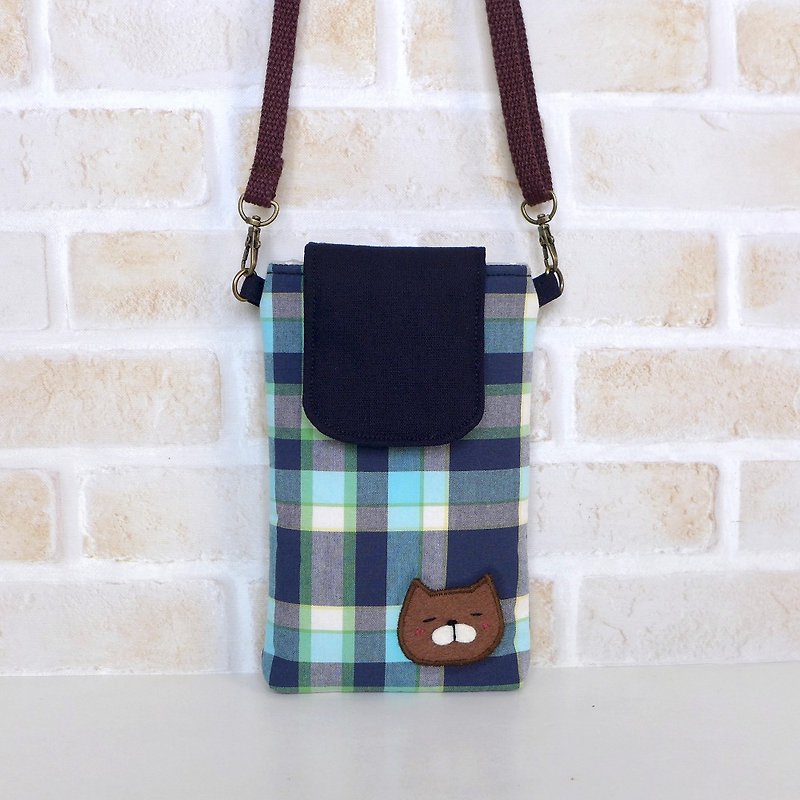 Yamiao mobile phone bag-blue plaid (with strap) - Phone Cases - Cotton & Hemp 