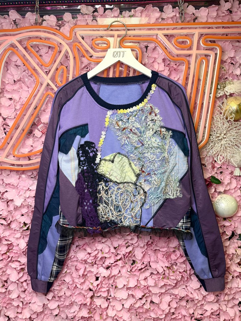 OTT獨一無二•Unique日系夢幻紫色重工刺繡蕾絲手鈎珠片拼花上衣 - 女上衣/長袖上衣 - 羊毛 紫色