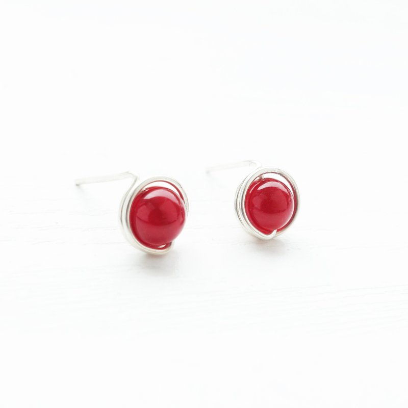 GENIES - Red Agate Silver Clip on Earrings Piercing Earrings Ear Cuffs - ต่างหู - วัสดุอื่นๆ สีแดง