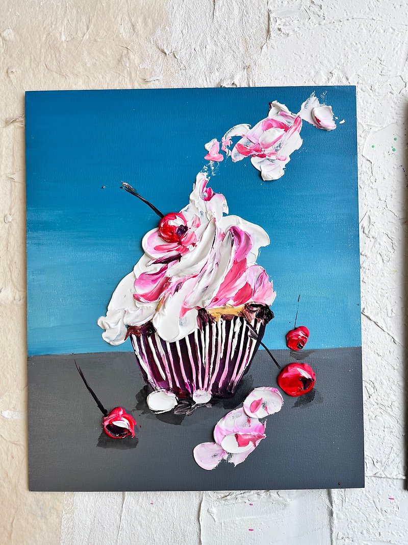 Cherry painting impasto painting  Cupcake Sculpture Painting 3d Food Painting - ตกแต่งผนัง - วัสดุอื่นๆ 