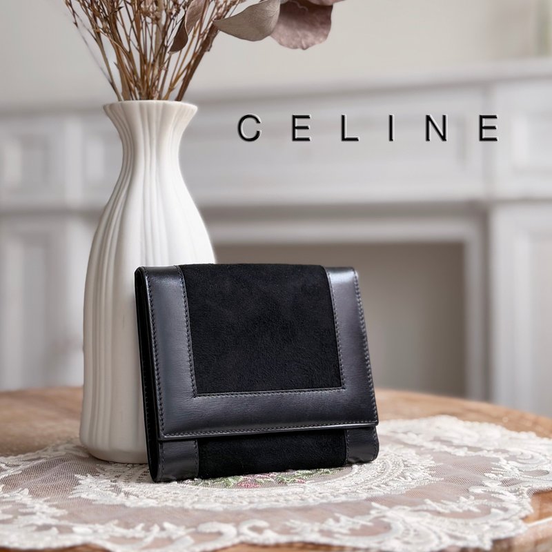 稀有極美品 CELINE Vintage 古董皮夾 麂皮拼接三折短夾 - 皮夾/長短夾/錢包 - 真皮 黑色
