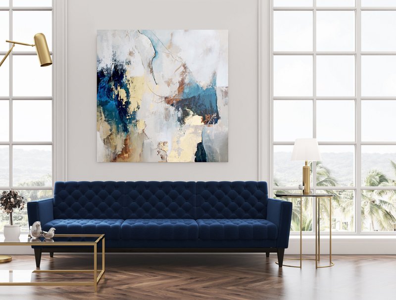 Blue Gold Painting |  Blue Gold Abstract | Blue Gold Wall Art | Sobriety - 壁貼/牆壁裝飾 - 棉．麻 藍色