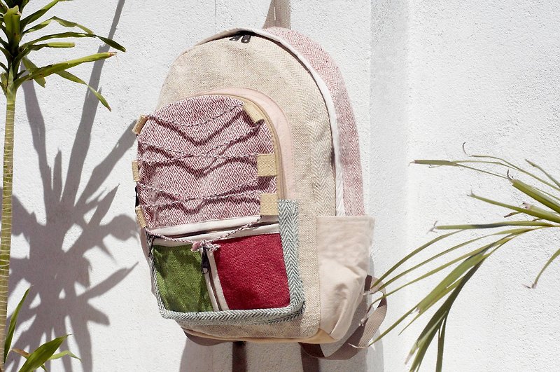 Valentine's Day Limit a hand-made cotton and linen stitching design backpack / shoulder bag / national mountaineering bag / patchwork package - red green color forest national backpack - Backpacks - Cotton & Hemp Multicolor