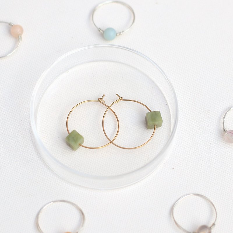 Natural stone brass circle candy series - small matcha - Earrings & Clip-ons - Jade Green