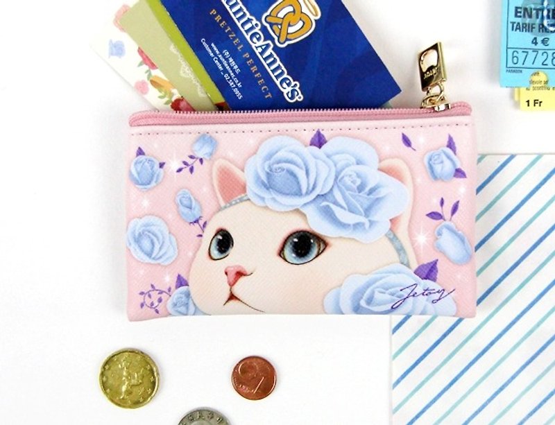 Jetoy, sweet cat card Purse _Blue rose (J1605106) - กระเป๋าใส่เหรียญ - วัสดุอื่นๆ สีน้ำเงิน