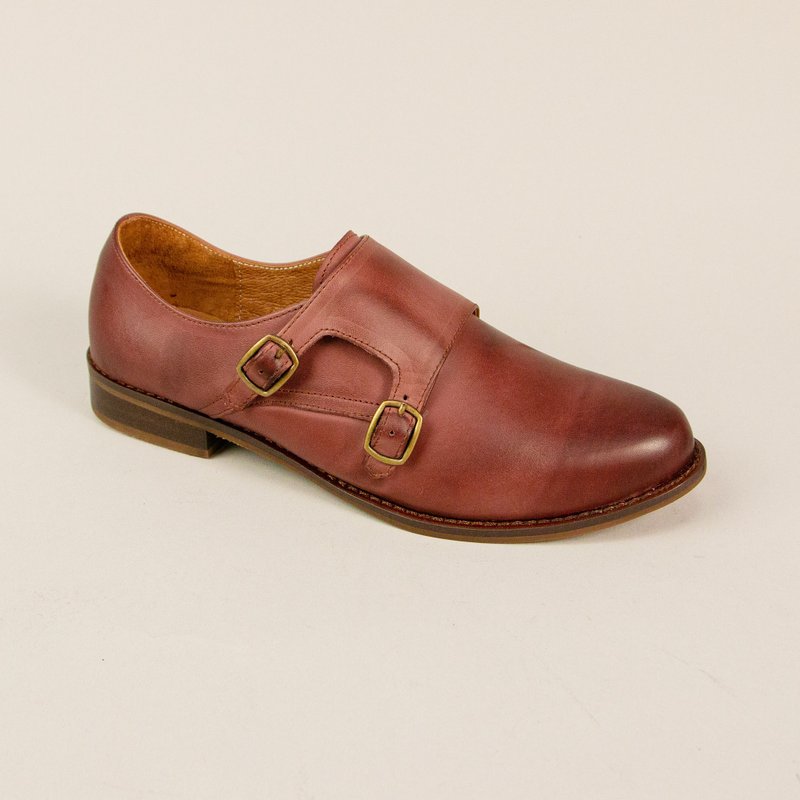 Genuine leather double-button Mengke women's shoes/burgundy Wax color/273C last - รองเท้าหนังผู้หญิง - หนังแท้ สีแดง