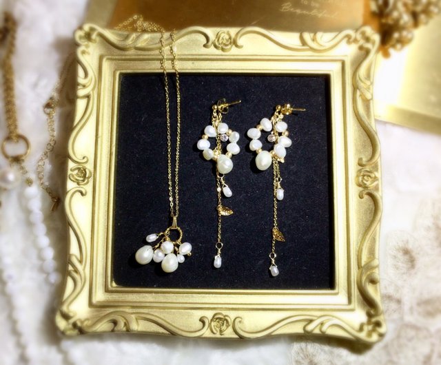 Freshwater pearl necklace and earrings set [2way] - 設計館KiraKira