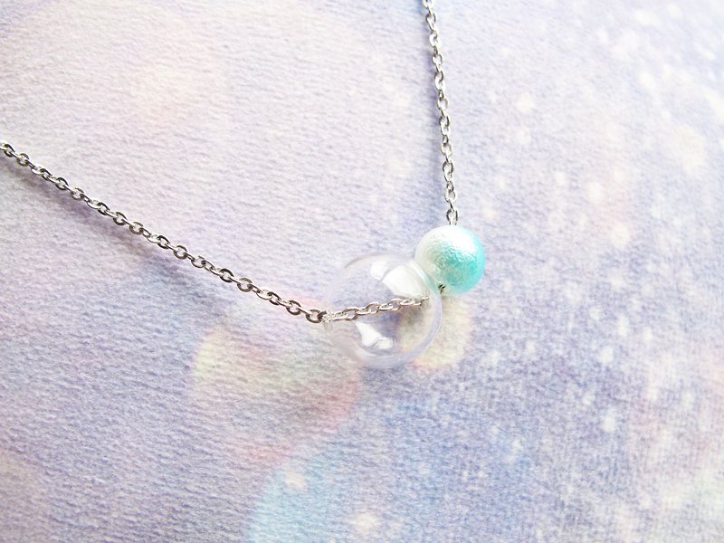 Rosy Garden glass ball with baby blue pearl necklace - Chokers - Glass Blue