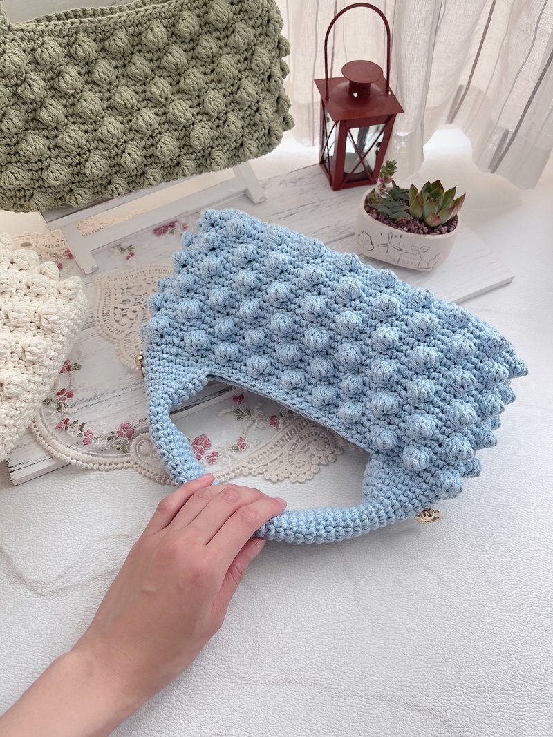 Handmade crochet Popcorn handbag shoulder bag - light blue spotted - Handbags & Totes - Cotton & Hemp Blue