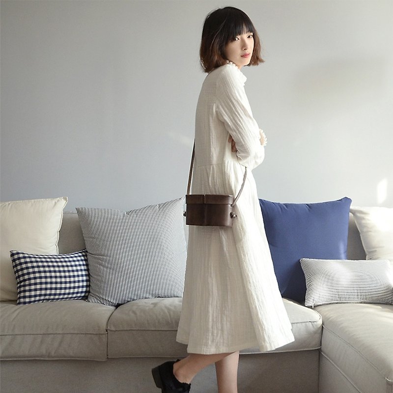 Double Cotton Thickened Pleated Dress - White | Dresses | Cotton & Linen Blend + Cotton | Individual Brands | Sora-99 - ชุดเดรส - ผ้าฝ้าย/ผ้าลินิน ขาว