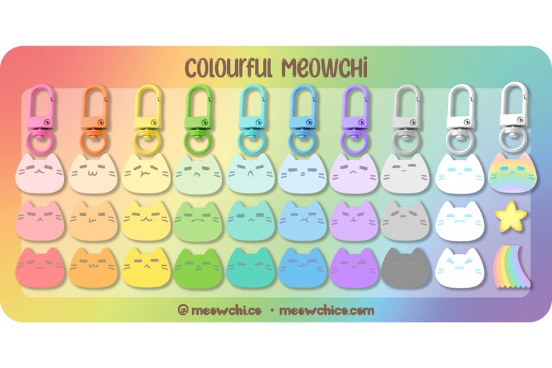 Meowchi Co【Colourful Rainbow Cat Ci】 Acrylic Glossy String Lock Keychain - พวงกุญแจ - อะคริลิค หลากหลายสี