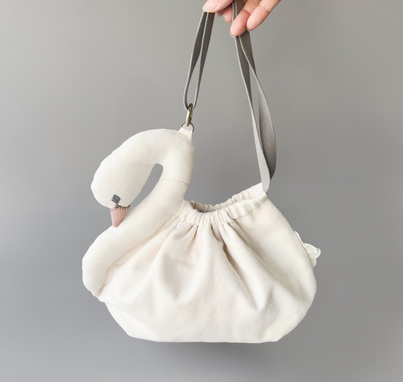 天鵝【束口袋 M】約30日後發貨 - 手袋/手提包 - 棉．麻 白色