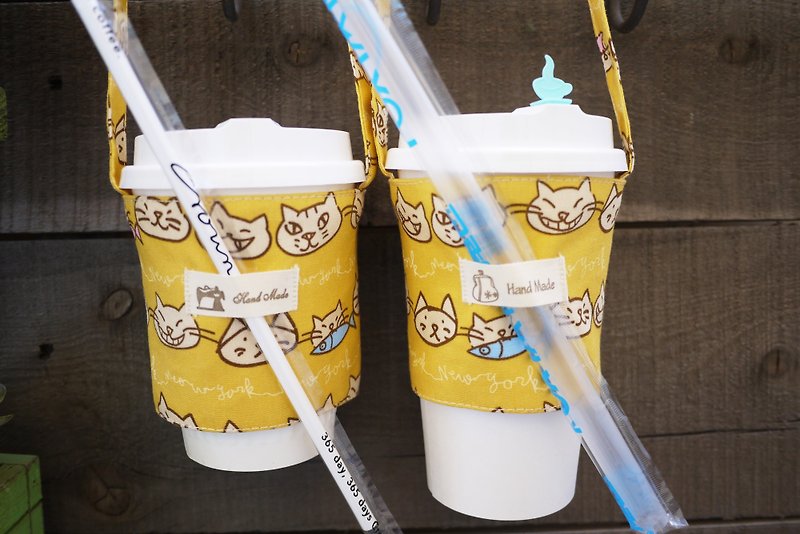 Beverage bag ~ cats who love fish ~ macarons yellow ~ - ถุงใส่กระติกนำ้ - ผ้าฝ้าย/ผ้าลินิน สีเหลือง