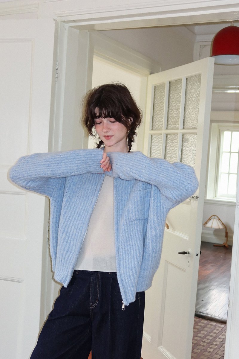 Winter first love fluffy wool knitted cardigan - Women's Sweaters - Other Materials Blue