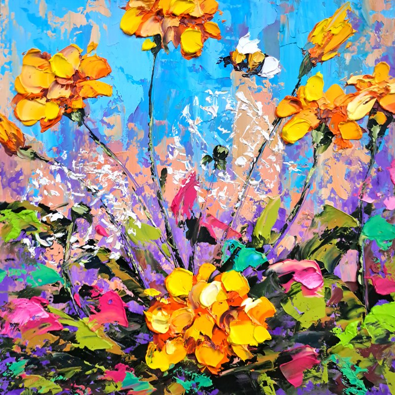 Dandelion Flowers Oil Painting Honeybee Original Art Flowers Impasto Wall Art - 壁貼/牆壁裝飾 - 其他材質 多色