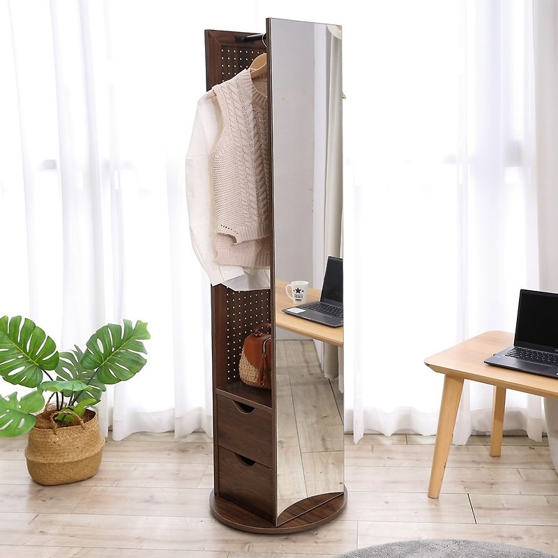 [Slightly Slow] Rotating 360-degree perforated board full body storage mirror cabinet cabinet storage clothes hanger mirror - Storage - Wood Brown